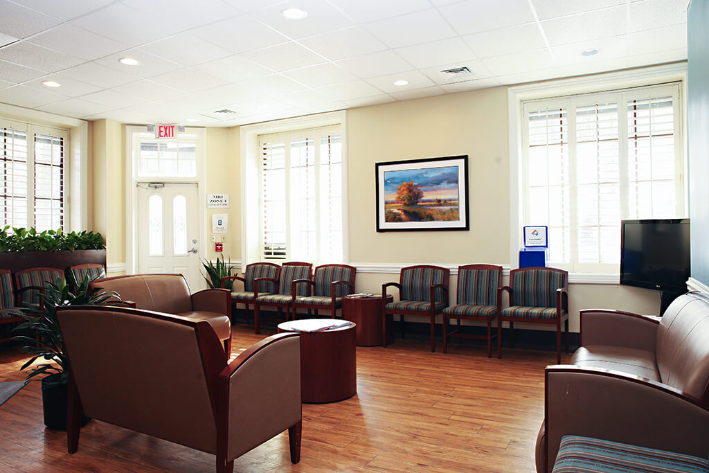 The waiting room at a Midlands research clinic
