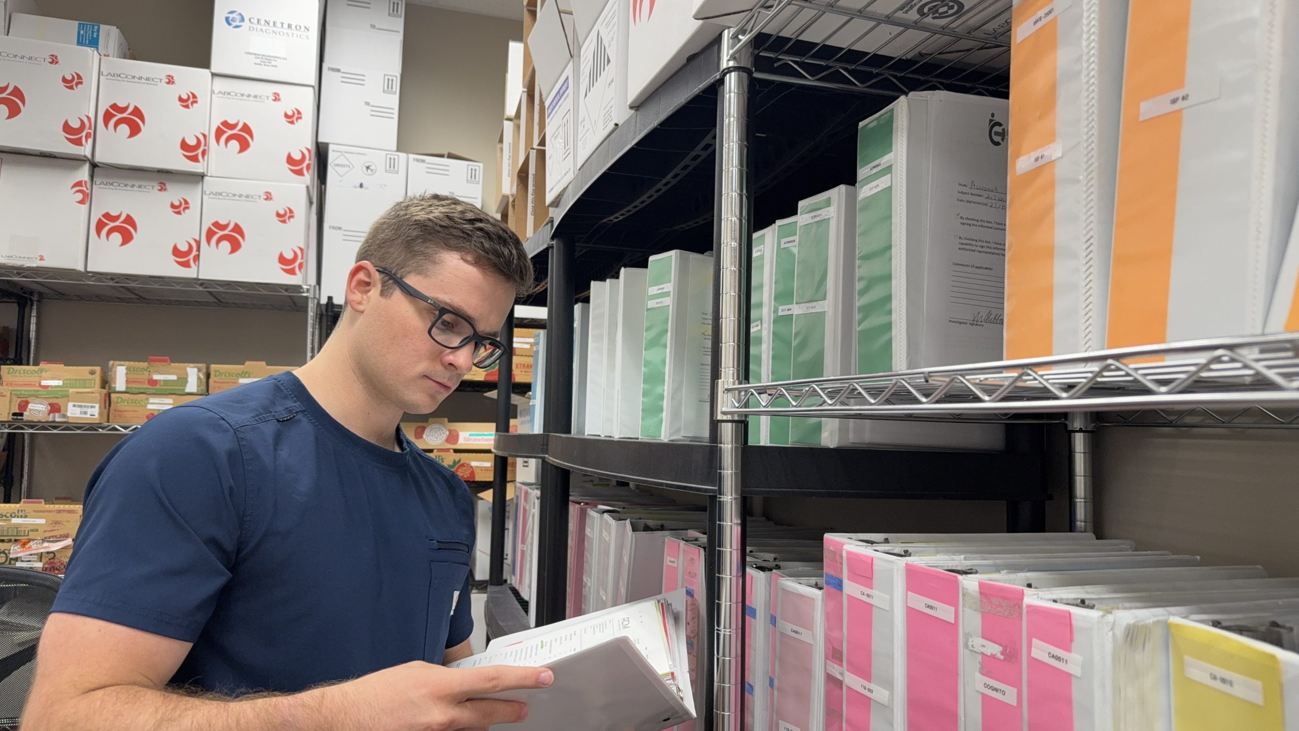 Ben Epting checking investigational product on the storage shelves